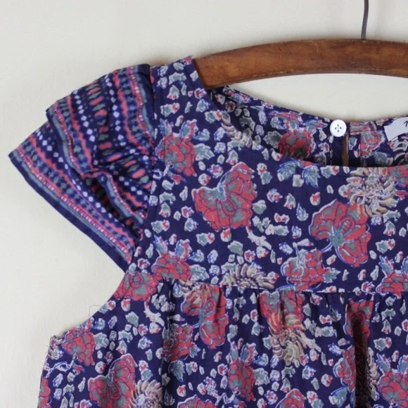 Madewell Blue Floral Blouse with cropped Flutter Sleeves size XS - Picture 6 of 7